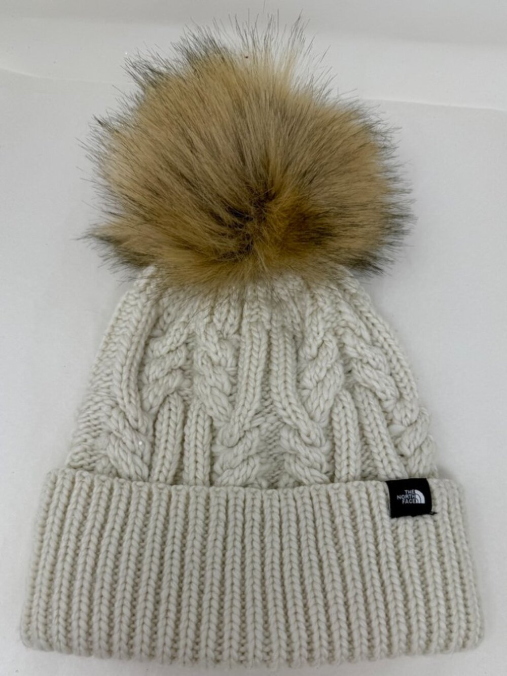 The North Face Cable Knit Pom Pom Beanie Cream Winter Hat Faux Fur Pom Kids One